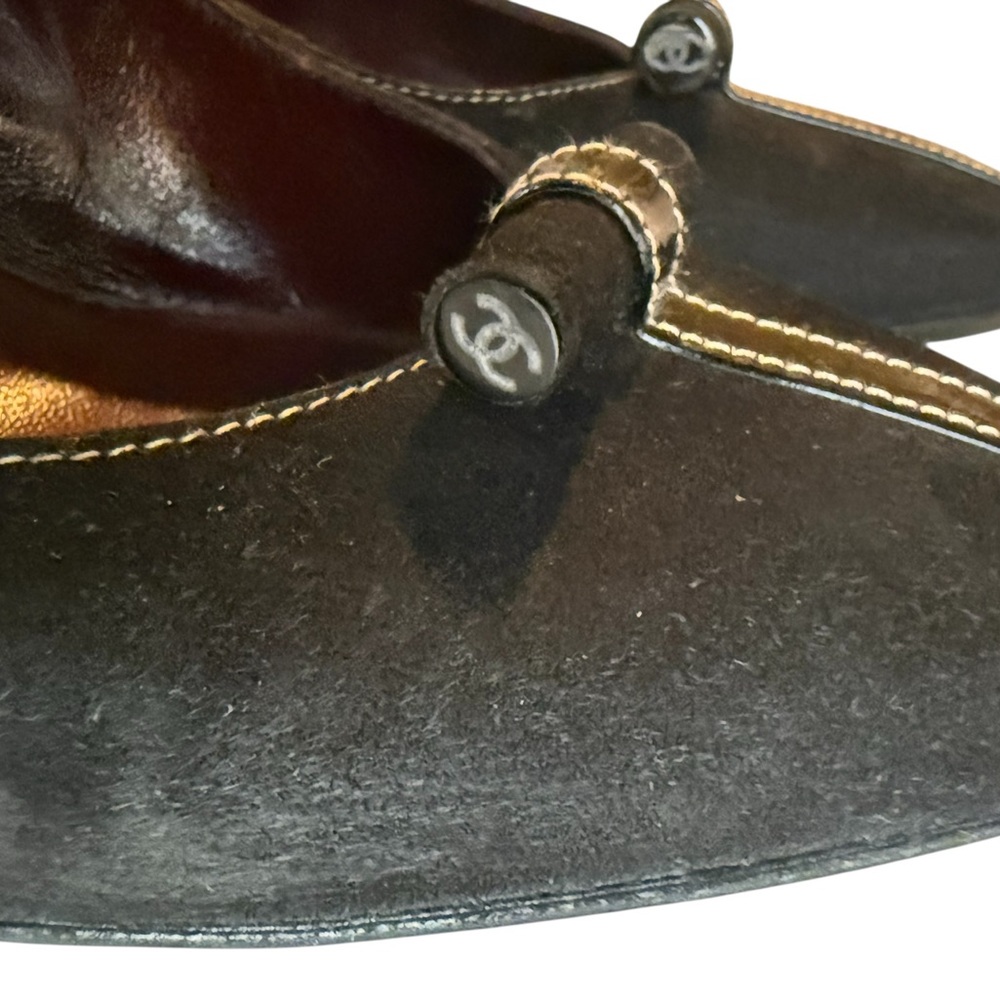 Vintage Chanel black suede sling back with patent leather detail 37.5 w/ dustbag - Picture 4 of 9